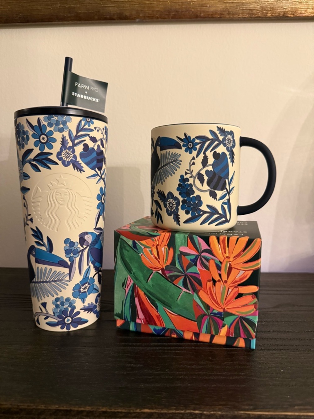 Starbucks Farm Rio Blue and White Travel Tumbler & Mug Set ~ Rare ~ New w Tags